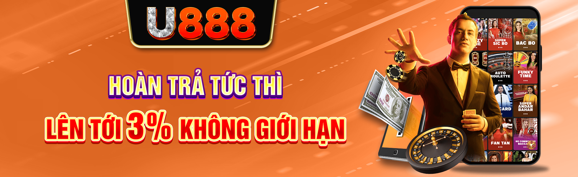 Hoàn trả tức thì lên tới 3% không giới hạn banner U888